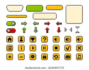 Set of vector buttons, frames for ui game design user interface pixel art Y2K. Cartoon mobile web and app keyboard items for menu. Control and navigation, settings and options. Big kit 8 bit style