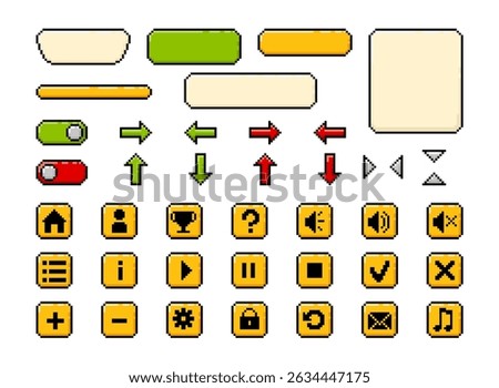 Set of vector buttons, frames for ui game design user interface pixel art Y2K. Cartoon mobile web and app keyboard items for menu. Control and navigation, settings and options. Big kit 8 bit style