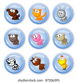 Set of vector buttons isolated. Cute farm animals. Childcare's comic style drawings.