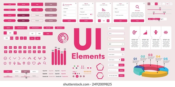 a set of vector buttons and user interface (GUI) elements designed for modern applications and websites. The collection includes buttons for navigation, menus, forms and control panels.