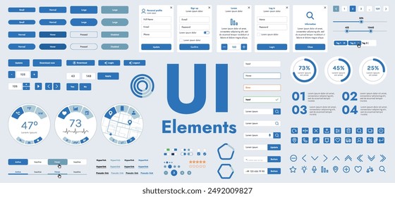 un conjunto de Botones de Vector y Elementos de interfaz de usuario (GUI) diseñados para aplicaciones y Sitios web modernos. La colección incluye Botones de navegación, menús, formularios y paneles de control.