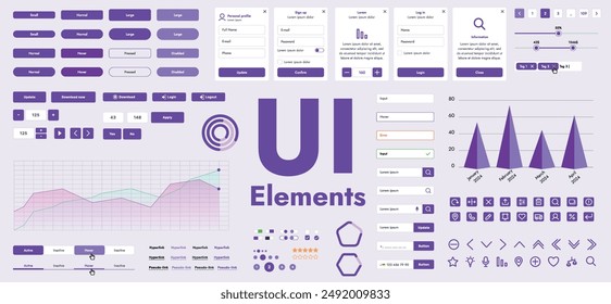 a set of vector buttons and user interface (GUI) elements designed for modern applications and websites. The collection includes buttons for navigation, menus, forms and control panels.