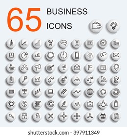 Set of vector buttons. Volume icons with drop shadow. Business icons with stationery, control characters, management, graphs and diagrams.