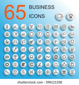 Set of vector buttons. Volume icons with drop shadow. Business icons with stationery, control characters, management, graphs and diagrams.