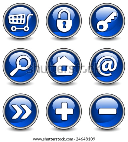 Set of vector buttons with web icons in blue, illustration. Round series