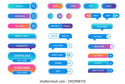 Set of vector buttons for websites, mobile applications. Design elements for website or app. Different gradient colors and icons on white background.