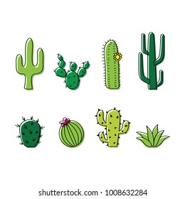 Set of vector cacti, cactus doodle illustration. Collection of cartoon style, desert plant graphics on white background. Western and Mexican theme.