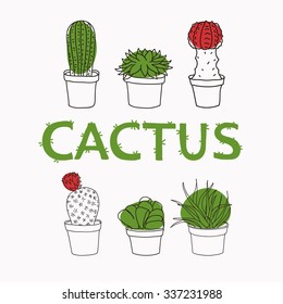 Set of Vector Cactus isolated. Home Flower. Cute Plant.