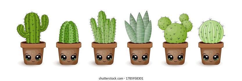 Set of vector cactus in kawaii style. The set has 6 different types of cacti with cute faces. Cartoon plants in which prickly pear, ripsalis, mammillaria are present. Clipart is isolated and has a cup