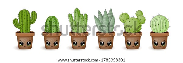 Set of vector cactus in kawaii style. The set has 6\
different types of cacti with cute faces. Cartoon plants in which\
prickly pear, ripsalis, mammillaria are present. Clipart is\
isolated and has a cup