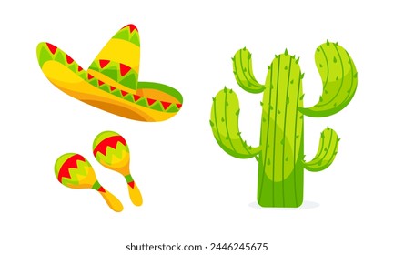 Set of vector cactus, sombrero and maracas elements in cartoon style.