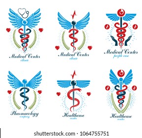 Set of vector Caduceus logotypes can be used in cardiology, rehabilitation and as medical clinic emblems.