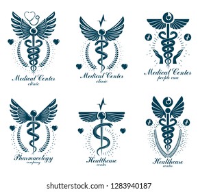 Set of vector Caduceus logotypes can be used in cardiology, rehabilitation and as medical clinic emblems.