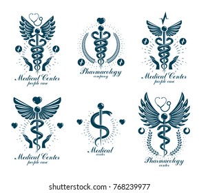 Set of vector Caduceus logotypes can be used in cardiology, rehabilitation and as medical clinic emblems.