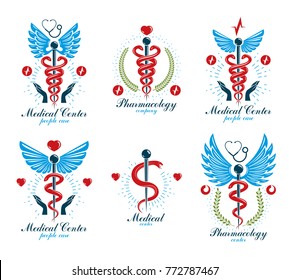 Set of vector Caduceus logotypes can be used in cardiology, rehabilitation and as medical clinic emblems.