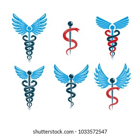Set of vector Caduceus symbols created using bird wings and snakes. Medical treatment and rehabilitation theme illustrations.