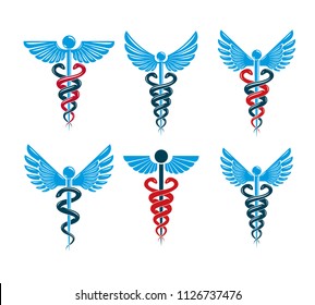 Set Of Vector Caduceus Symbols Created Using Bird Wings And Snakes. Medical Treatment And Rehabilitation Theme Illustrations.