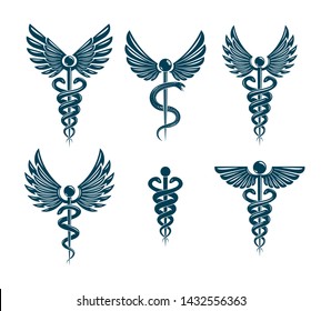 Set of vector Caduceus symbols created using bird wings and snakes. Medical treatment and rehabilitation theme illustrations.
