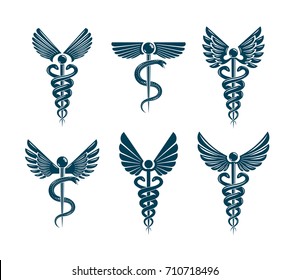 Set of vector Caduceus symbols created using bird wings and snakes. Medical treatment and rehabilitation theme illustrations.