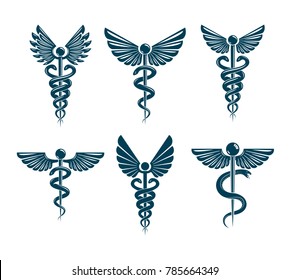 Set of vector Caduceus symbols created using bird wings and snakes. Medical treatment and rehabilitation theme illustrations.