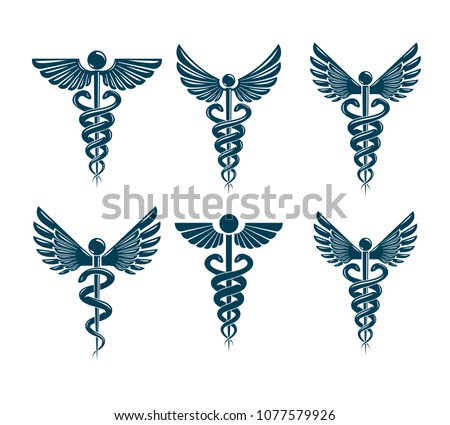 Set of vector Caduceus symbols created using bird wings and snakes. Medical treatment and rehabilitation theme illustrations.