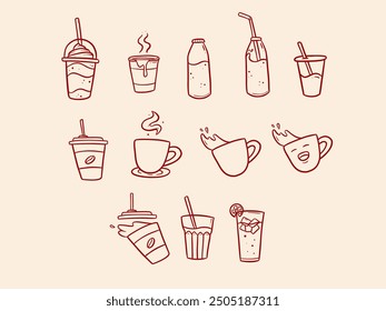 Set of vector cafe beverage drink menu line art doodle illustration