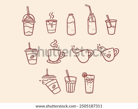 Set of vector cafe beverage drink menu line art doodle illustration