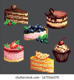 Set of vector cake. Pixel art. Cakes strawberry, blueberry, orange, cherry, chocolate. Print for children. Tasty food. Cute cakes. Stickers or video games. EPS 10

