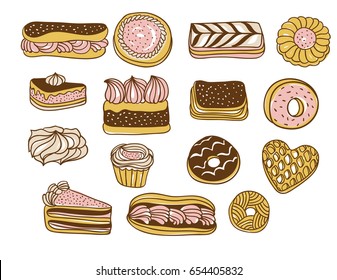 Set of vector cakes, cookies and other sweets. Isolated elements for cafe menu design. Bakery icons.