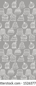 Set of vector cakes with cream or fruits, Illustration on white  background in hand drawn doodle style.Great for web page background, wrapping paper, cards,notebook and invitation