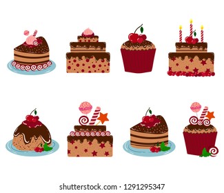 Set of vector cakes, cupcakes, desserts for birthday. Flat style and hand drawing. Set of isolated elements on white background.