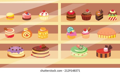 a set of vector cakes inside the display board
