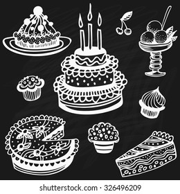 Set of vector cakes on white background. Hand drawn chalkboard. Isolated. Design for cafe menu.