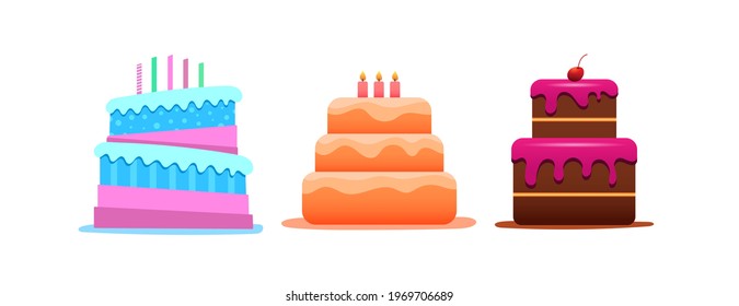 Set of vector cakes. Three cakes of different colors and shapes. Cakes isolated on white background.