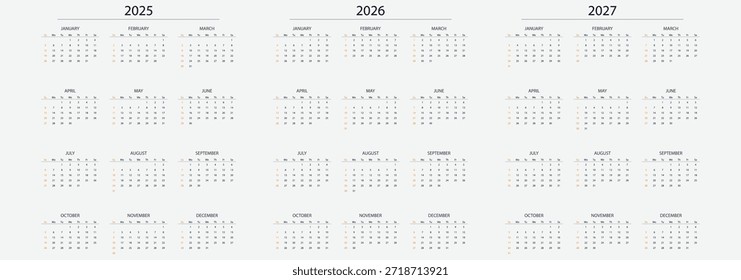 Conjunto de calendarios de Vector para 2025-2027. Incluye sábanas de 12 meses con semanas a partir del domingo. Perfecto para el diseño de calendarios de escritorio, planificación y Plantillas imprimibles. 2025-2026-2027 años Planificadores anuales