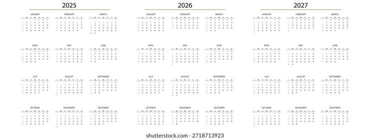 Conjunto de calendarios de Vector para 2025-2027. Incluye sábanas de 12 meses con semanas a partir del domingo. Perfecto para el diseño de calendarios de escritorio, planificación y Plantillas imprimibles. 2025-2026-2027 años Planificadores anuales