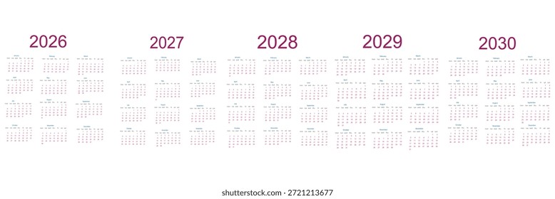 Set of vector calendars for 2026-2030. Includes 12-month sheets with weeks starting on Sunday. Perfect for desk calendar design, planning, and printable 