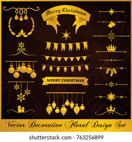 A set of vector calligraphic decorative golden ornament design element new year and christmas in dark background.