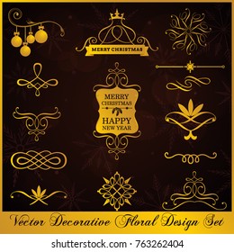 A set of vector calligraphic decorative golden ornament design element new year and christmas in dark background.