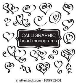 Set of vector calligraphic heart monograms. Decor elements for wedding invitations, cards for Valentine's Day. Black and white monograms of hearts.