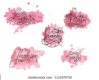 A set of vector calligraphic labels on pink watercolor splashes. Vintage signs connected to beauty industry