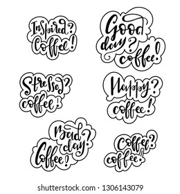 Set of vector calligraphic stickers with quotes about coffee