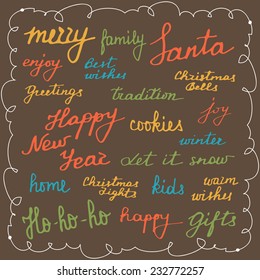 Set of vector calligraphic words and phrases. Hand drawn xmas calligraphic text elements. Merry Christmas and Happy New Year. Vector illustration.