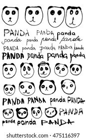 Set of vector calligraphy lettering word "panda" and funny cartoon sketch illustration of panda face