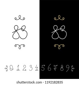 Set of vector calligraphy numbers from 0 to 9. Lined ornate monogram. Vintage ink lettering. Isolated on white and black backgrounds.