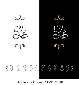 Set of vector calligraphy numbers from 0 to 9. Lined ornate monogram. Vintage ink lettering. Isolated on white and black backgrounds.