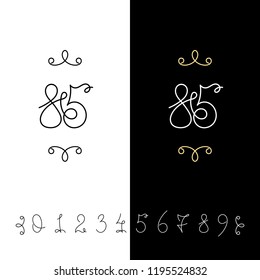 Set of vector calligraphy numbers from 0 to 9. Lined ornate monogram. Vintage ink lettering. Isolated on white and black backgrounds.