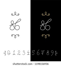 Set of vector calligraphy numbers from 0 to 9. Lined ornate monogram. Vintage ink lettering. Isolated on white and black backgrounds.