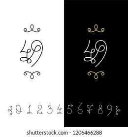Set of vector calligraphy numbers from 0 to 9. Lined ornate monogram. Vintage ink lettering. Isolated on white and black backgrounds.
