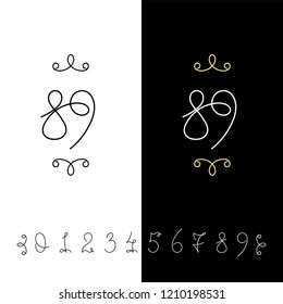 Set of vector calligraphy numbers from 0 to 9. Lined ornate monogram. Vintage ink lettering. Isolated on white and black backgrounds.